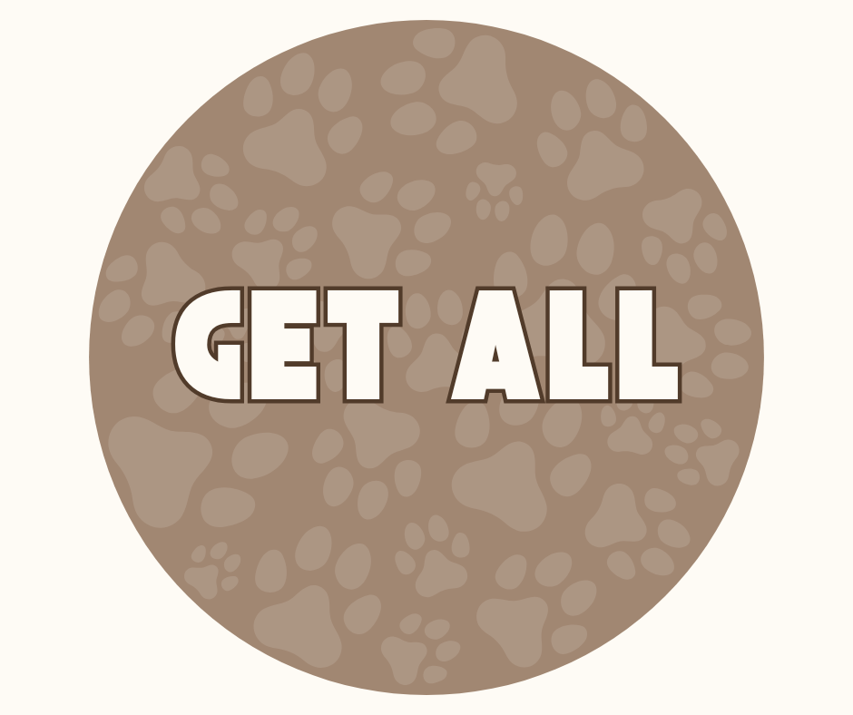 Creme Hintergrund, brauner Kreis mit beigen Pfoten und Schriftzug in beige mit braunem Rand: GET ALL
